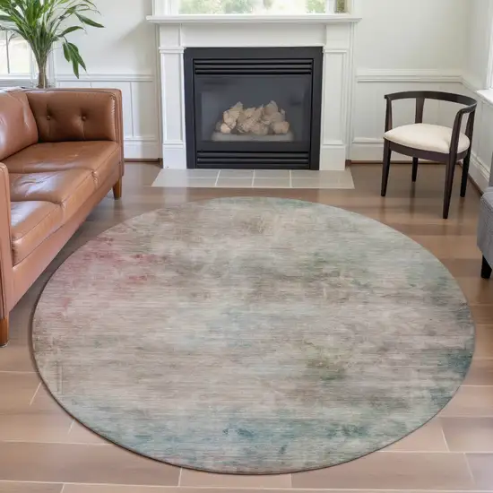 8' X 8' Taupe Blush And Teal Abstract Washable Round Rug With UV Protection Photo 4