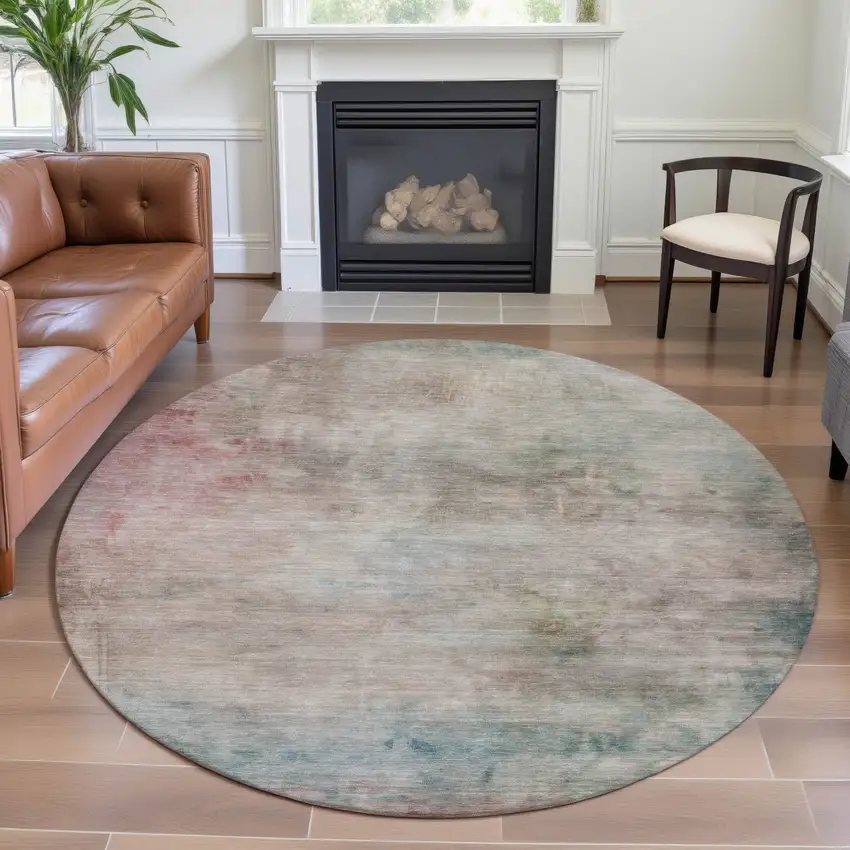 8' X 8' Taupe Blush And Teal Abstract Washable Round Rug With UV Protection Photo 4
