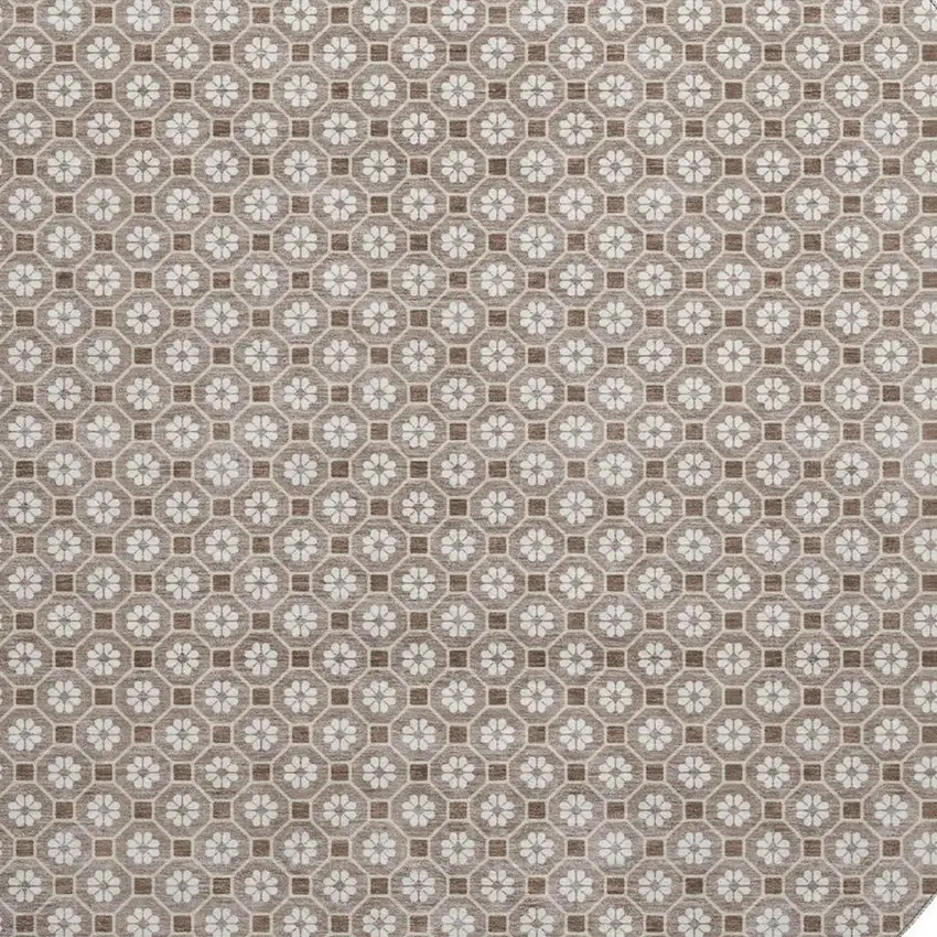 8' X 8' Taupe Brown And Ivory Geometric Washable Round Rug With UV Protection Photo 2