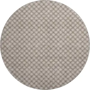Photo of 8' X 8' Taupe Brown And Ivory Geometric Washable Round Rug With UV Protection