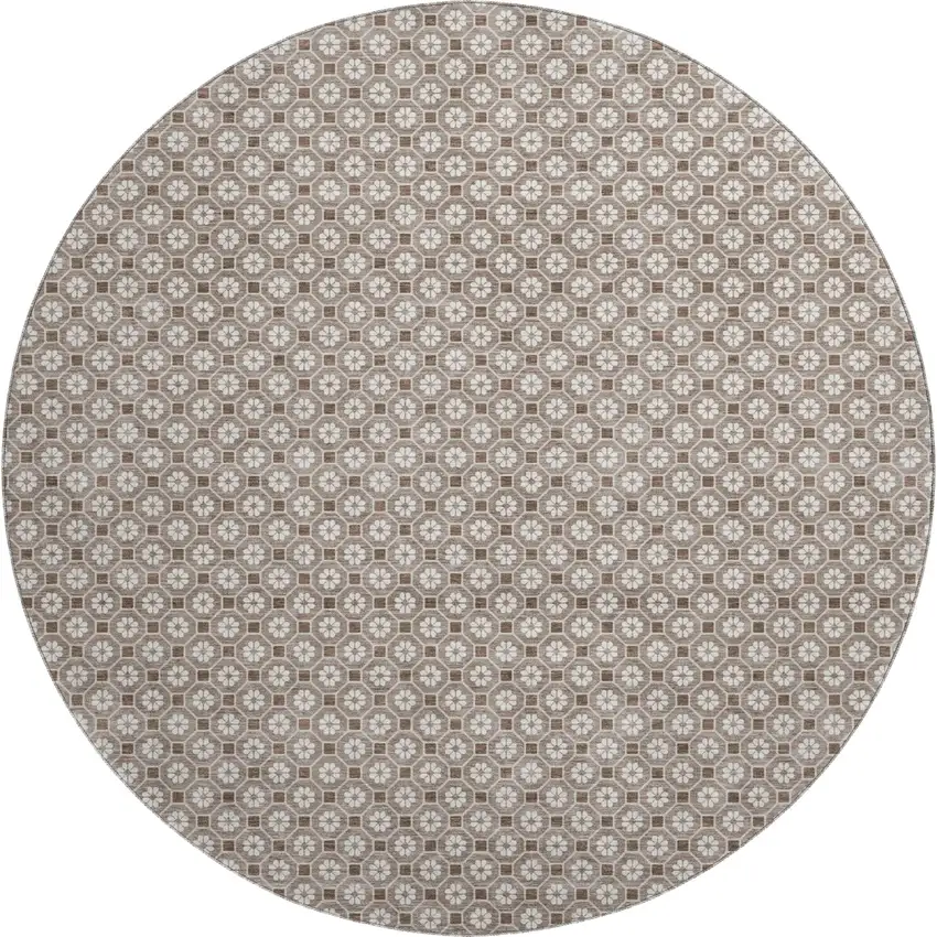 8' X 8' Taupe Brown And Ivory Geometric Washable Round Rug With UV Protection Photo 1
