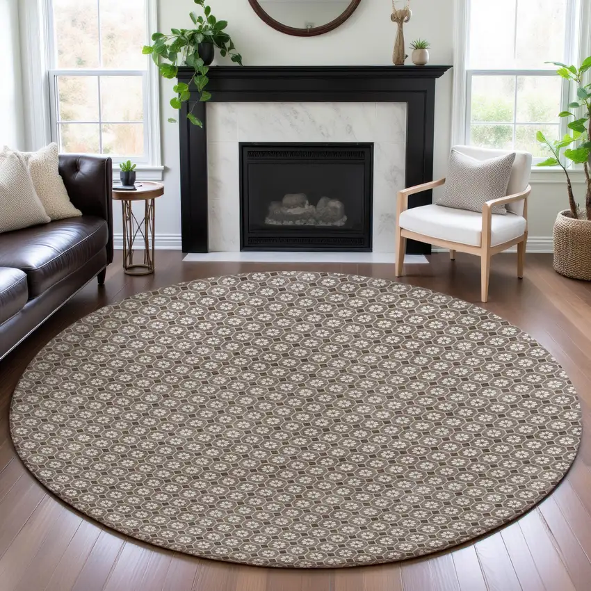8' X 8' Taupe Brown And Ivory Geometric Washable Round Rug With UV Protection Photo 4