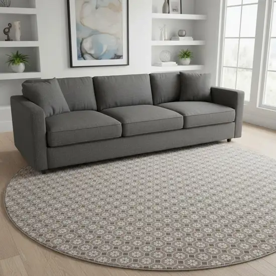 8' X 8' Taupe Brown And Ivory Geometric Washable Round Rug With UV Protection Photo 2