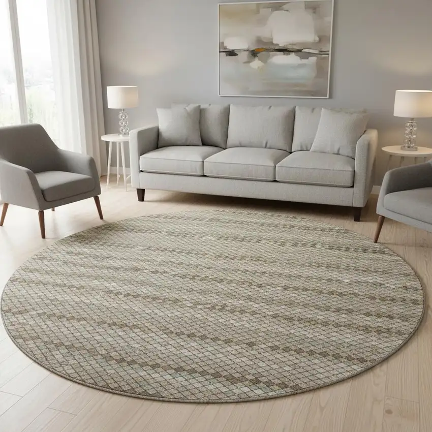 8' X 8' Taupe Brown And Ivory Geometric Washable Round Rug With UV Protection Photo 2