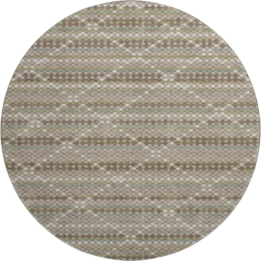 8' X 8' Taupe Brown And Ivory Geometric Washable Round Rug With UV Protection Photo 1