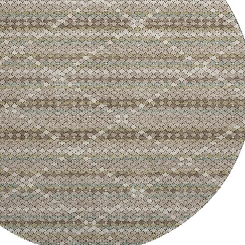 8' X 8' Taupe Brown And Ivory Geometric Washable Round Rug With UV Protection Photo 2