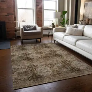 Photo of 3' X 5' Taupe Floral Medallion Washable Non Skid Indoor Outdoor Area Rug