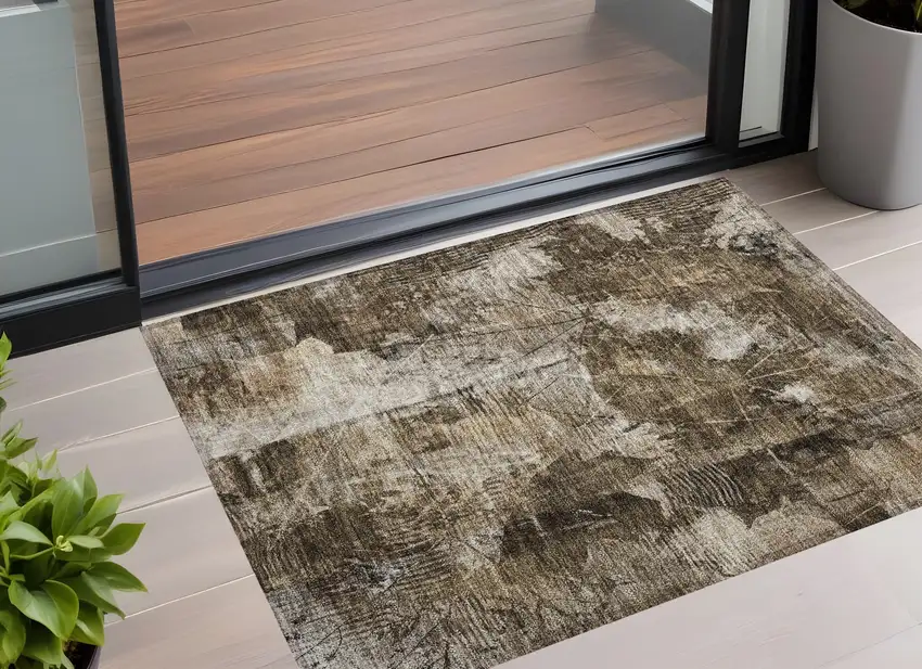 Taupe Floral Washable Non Skid Indoor Outdoor Area Rug Photo 1