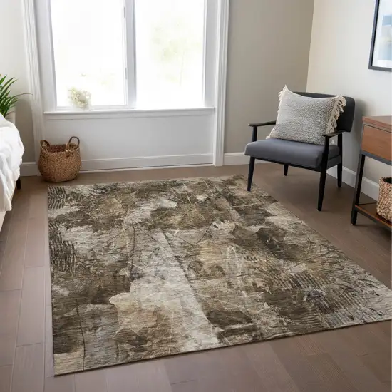 Taupe Floral Washable Non Skid Indoor Outdoor Area Rug Photo 9