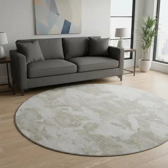 8' X 8' Taupe Gray And Silver Abstract Washable Round Rug With UV Protection Photo 2