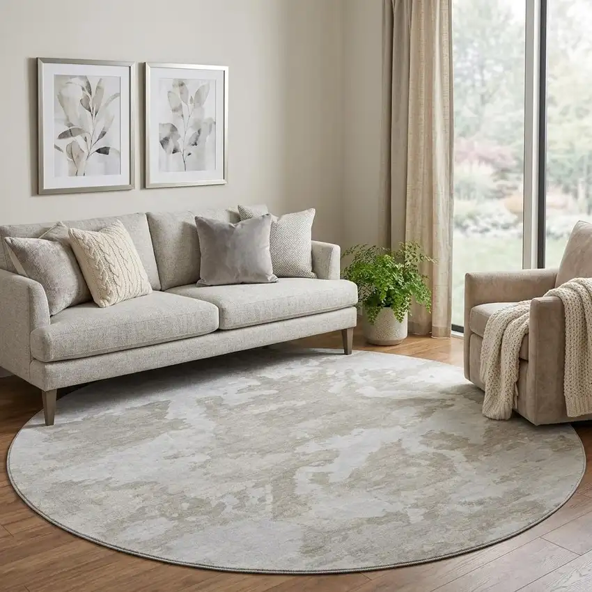 8' X 8' Taupe Gray And Silver Abstract Washable Round Rug With UV Protection Photo 1
