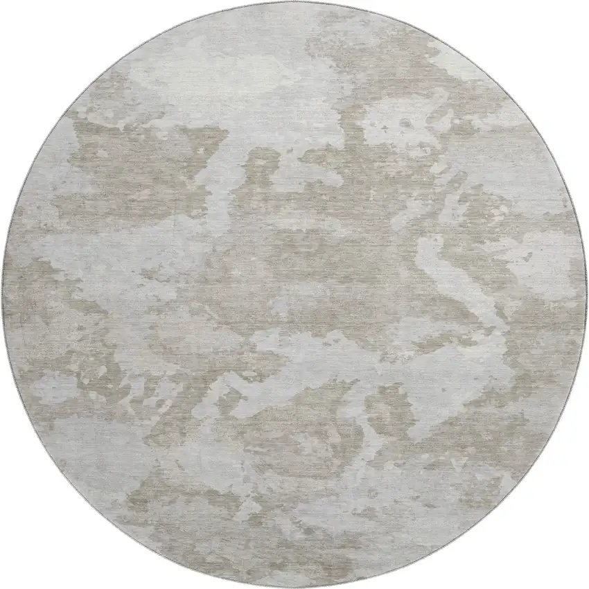 8' X 8' Taupe Gray And Silver Abstract Washable Round Rug With UV Protection Photo 1