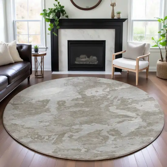 8' X 8' Taupe Gray And Silver Abstract Washable Round Rug With UV Protection Photo 4