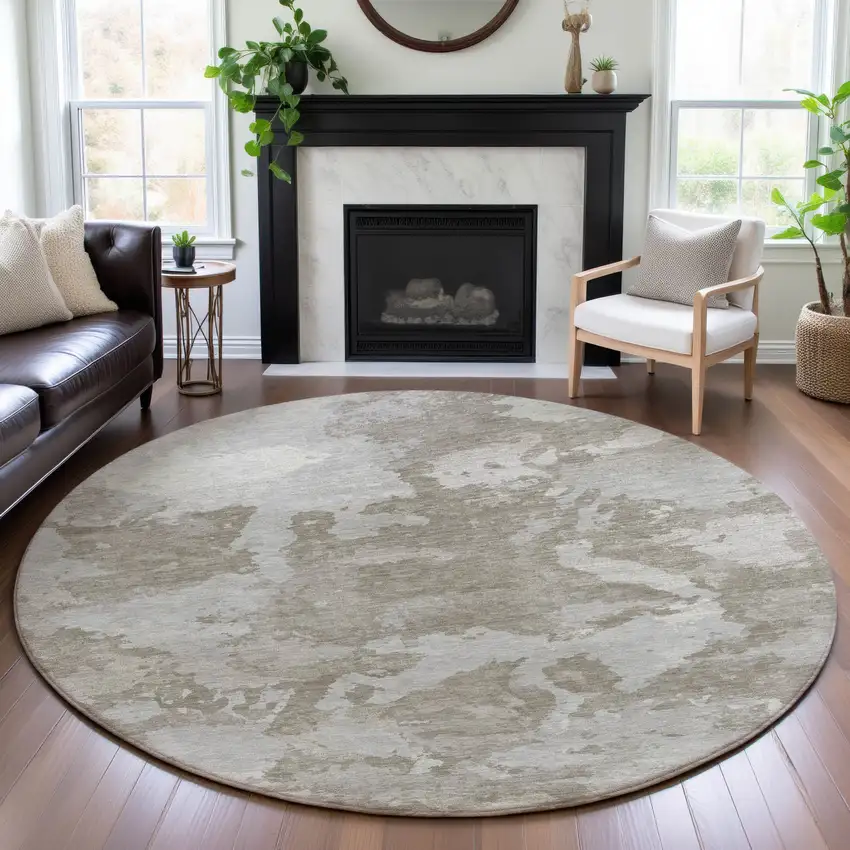 8' X 8' Taupe Gray And Silver Abstract Washable Round Rug With UV Protection Photo 4