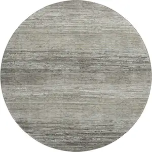 Photo of 8' X 8' Taupe Gray And Silver Striped Washable Round Rug With UV Protection
