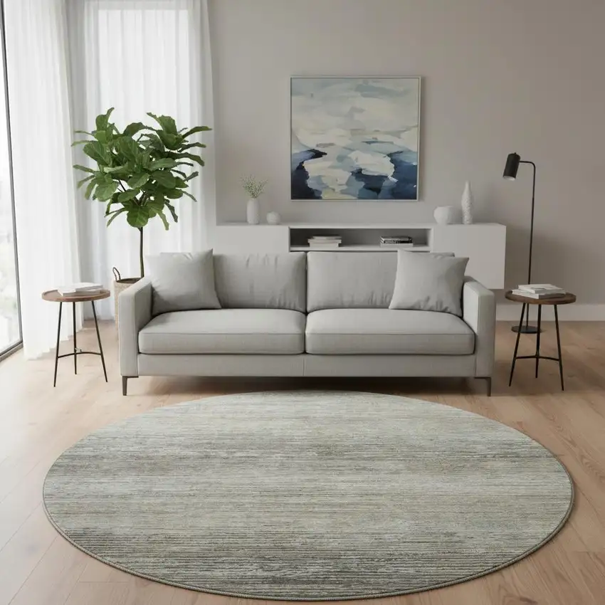 8' X 8' Taupe Gray And Silver Striped Washable Round Rug With UV Protection Photo 2