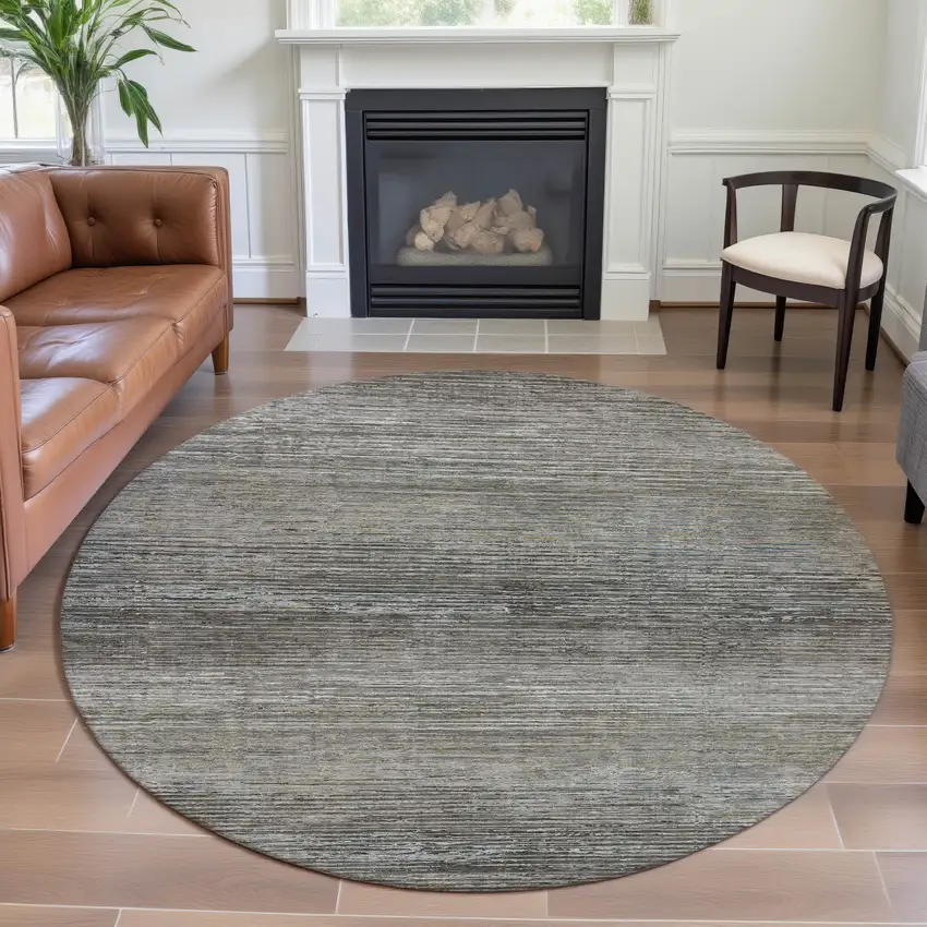 8' X 8' Taupe Gray And Silver Striped Washable Round Rug With UV Protection Photo 3