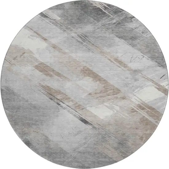 8' X 8' Taupe Gray And Silver Striped Washable Round Rug With UV Protection Photo 1