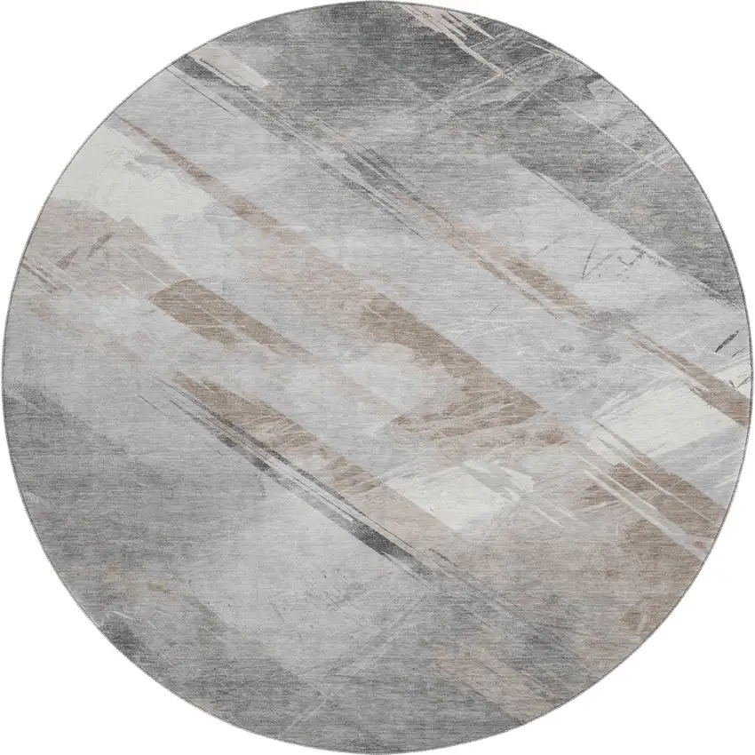 8' X 8' Taupe Gray And Silver Striped Washable Round Rug With UV Protection Photo 1
