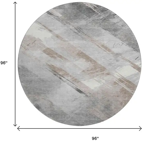 8' X 8' Taupe Gray And Silver Striped Washable Round Rug With UV Protection Photo 8