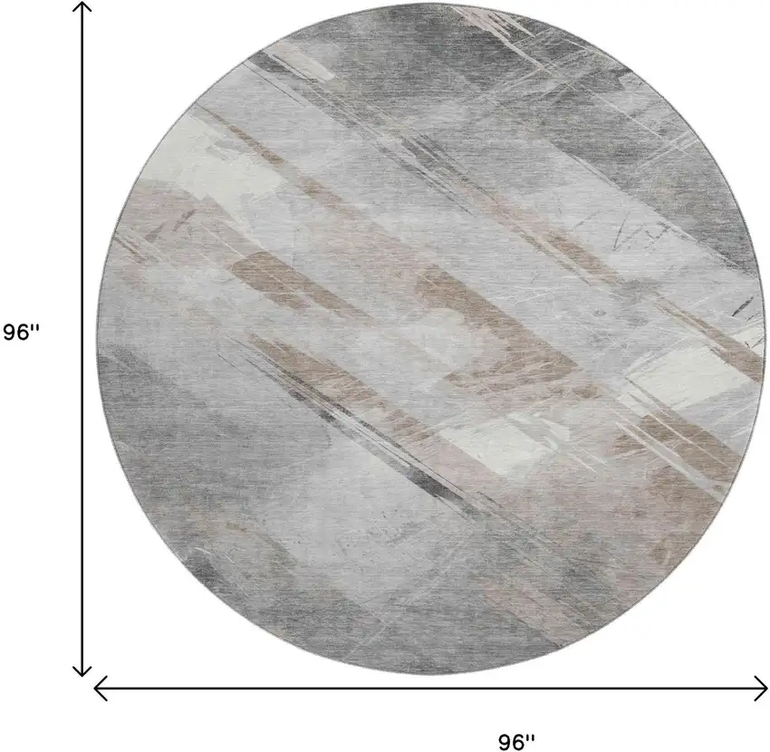 8' X 8' Taupe Gray And Silver Striped Washable Round Rug With UV Protection Photo 8