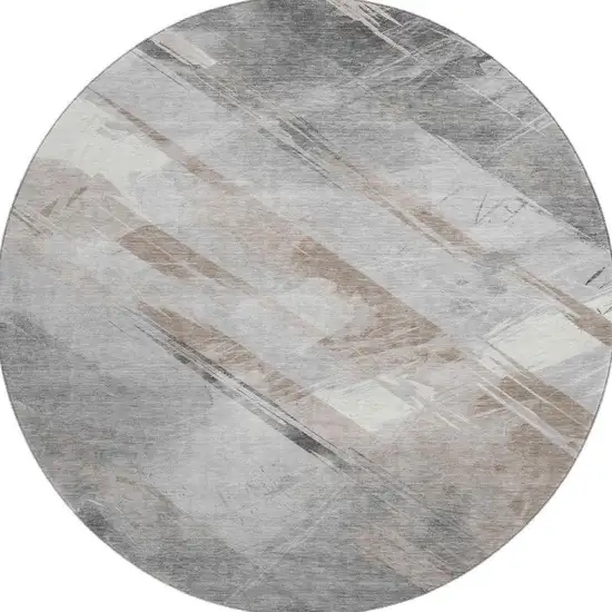 8' X 8' Taupe Gray And Silver Striped Washable Round Rug With UV Protection Photo 2