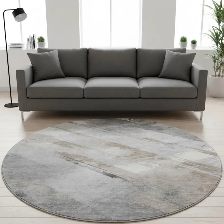8' X 8' Taupe Gray And Silver Striped Washable Round Rug With UV Protection Photo 2