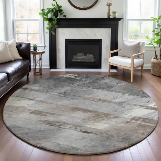8' X 8' Taupe Gray And Silver Striped Washable Round Rug With UV Protection Photo 3