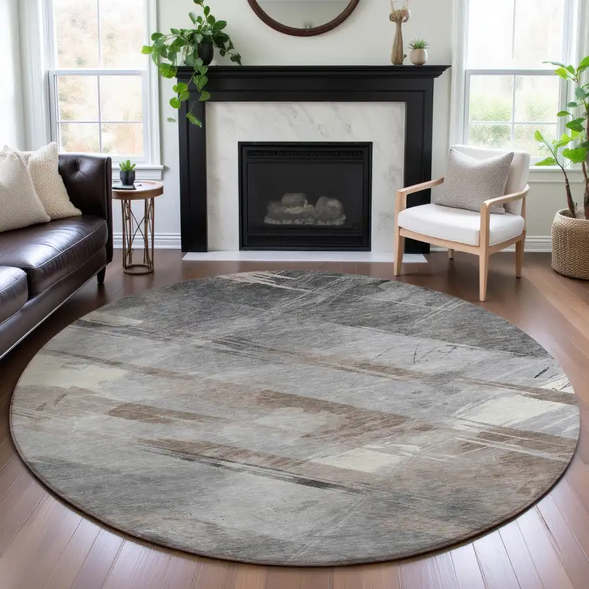 8' X 8' Taupe Gray And Silver Striped Washable Round Rug With UV Protection Photo 3
