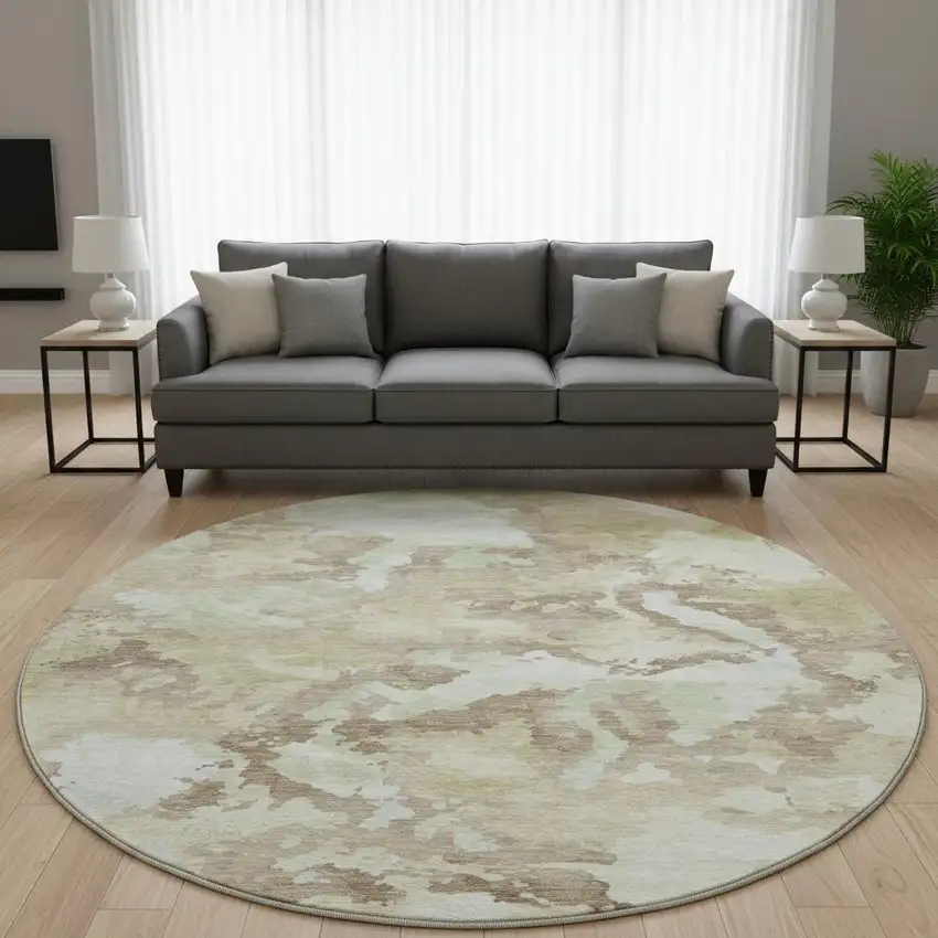 8' X 8' Taupe Ivory And Beige Abstract Washable Round Rug With UV Protection Photo 2