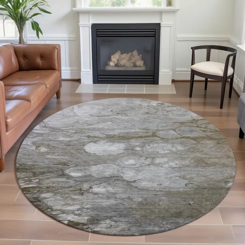 8' X 8' Taupe Ivory And Gray Abstract Washable Round Rug With UV Protection Photo 3
