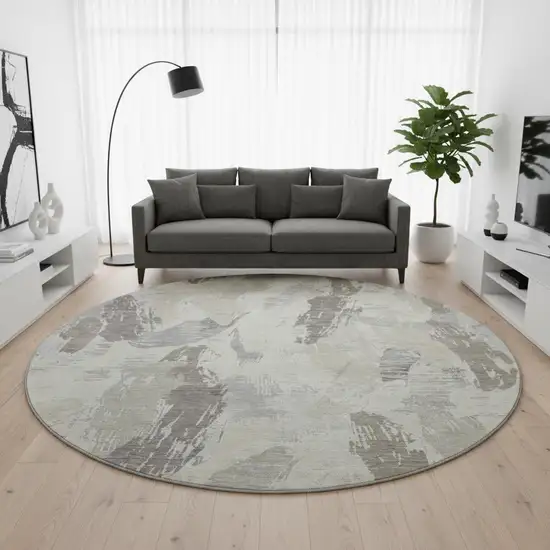 8' X 8' Taupe Ivory And Gray Abstract Washable Round Rug With UV Protection Photo 2