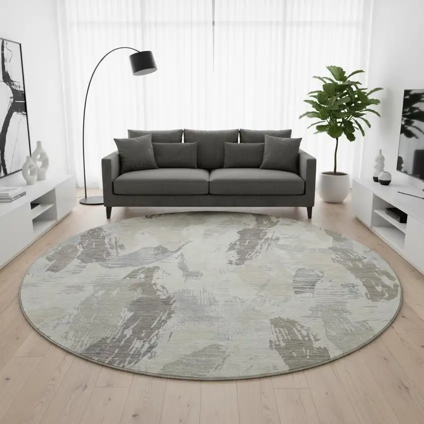 8' X 8' Taupe Ivory And Gray Abstract Washable Round Rug With UV Protection Photo 2