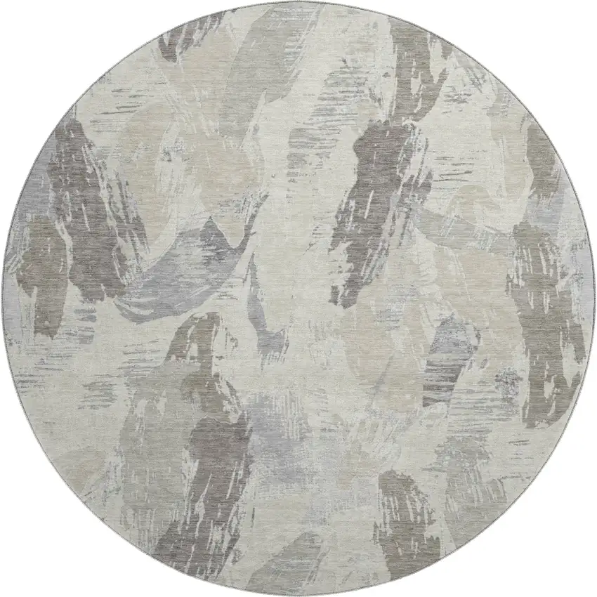 8' X 8' Taupe Ivory And Gray Abstract Washable Round Rug With UV Protection Photo 1