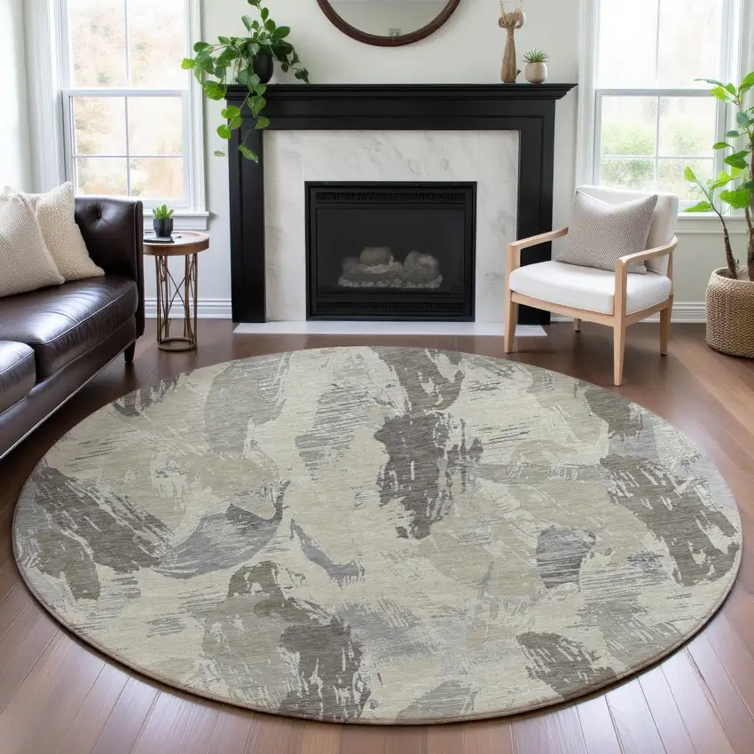 8' X 8' Taupe Ivory And Gray Abstract Washable Round Rug With UV Protection Photo 4