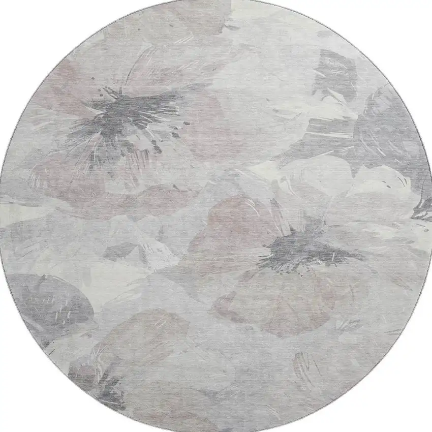 8' X 8' Taupe Ivory And Gray Floral Washable Round Rug With UV Protection Photo 3
