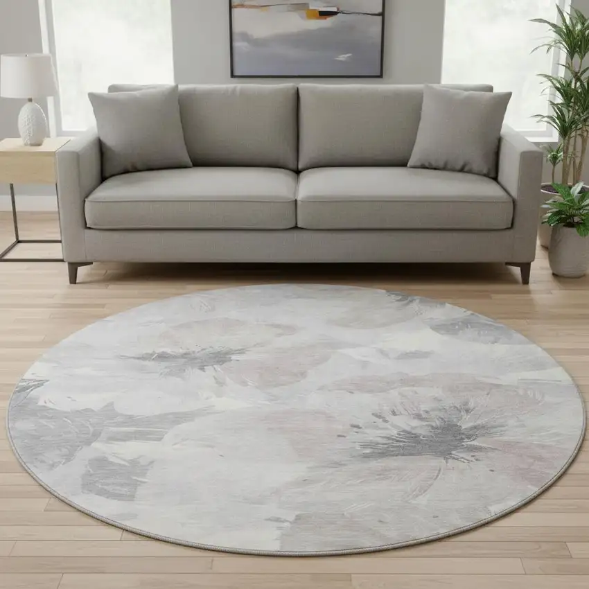 8' X 8' Taupe Ivory And Gray Floral Washable Round Rug With UV Protection Photo 2
