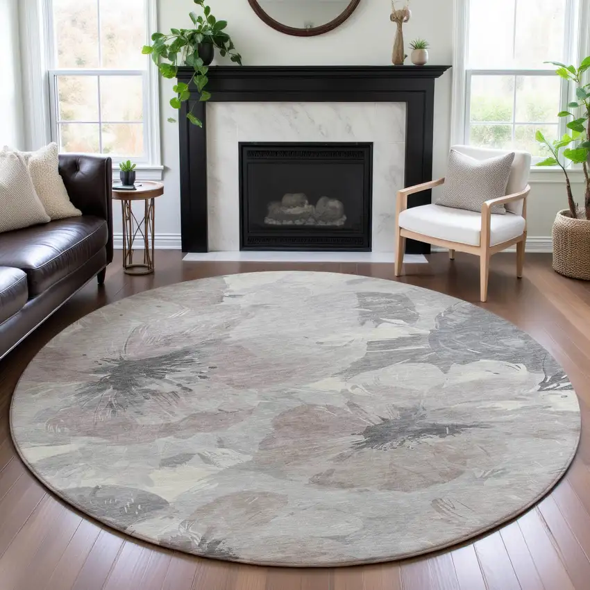 8' X 8' Taupe Ivory And Gray Floral Washable Round Rug With UV Protection Photo 4