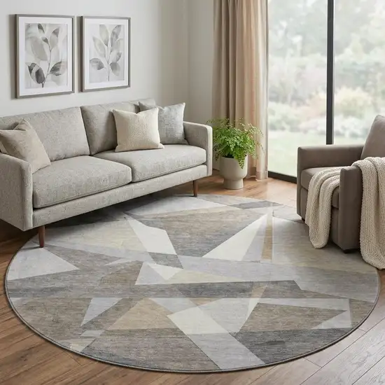 8' X 8' Taupe Ivory And Gray Geometric Washable Round Rug With UV Protection Photo 1