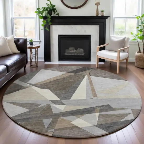 8' X 8' Taupe Ivory And Gray Geometric Washable Round Rug With UV Protection Photo 4