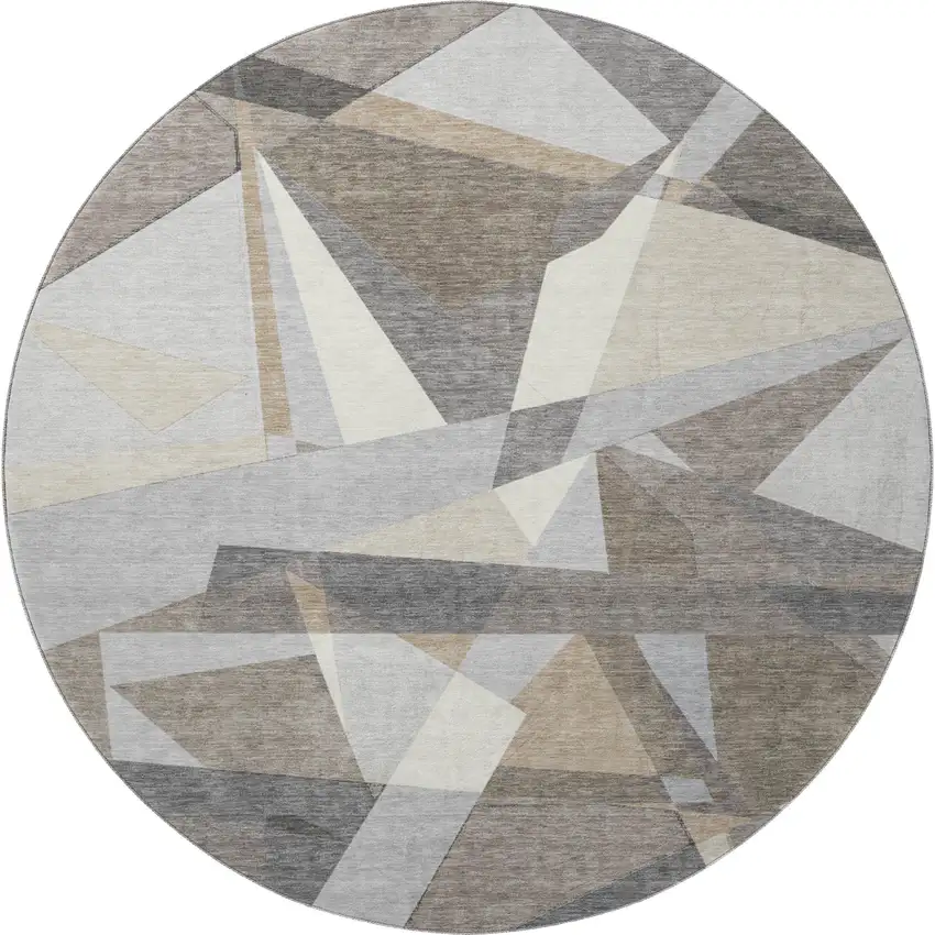 8' X 8' Taupe Ivory And Gray Geometric Washable Round Rug With UV Protection Photo 3