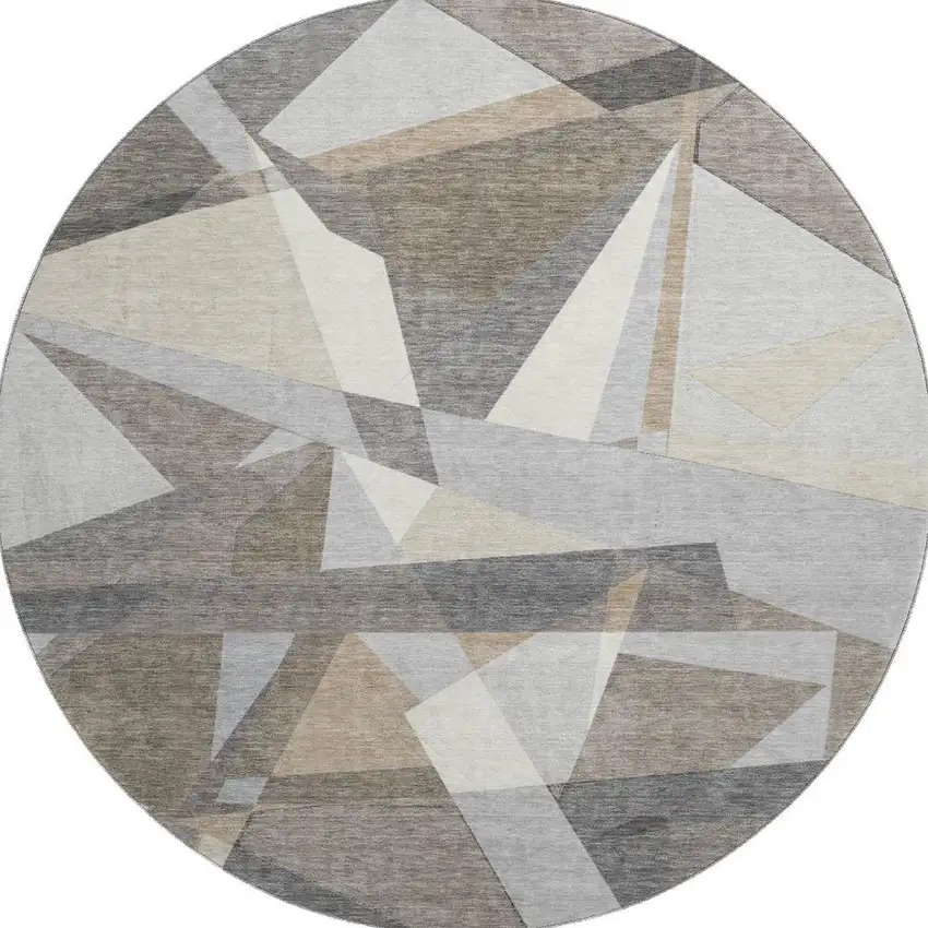 8' X 8' Taupe Ivory And Gray Geometric Washable Round Rug With UV Protection Photo 2