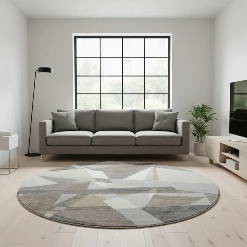 8' X 8' Taupe Ivory And Gray Geometric Washable Round Rug With UV Protection Photo 2