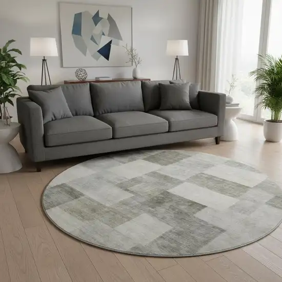 8' X 8' Taupe Ivory And Khaki Geometric Washable Round Rug With UV Protection Photo 2