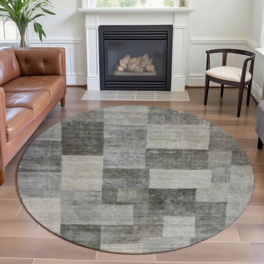 8' X 8' Taupe Ivory And Khaki Geometric Washable Round Rug With UV Protection Photo 4