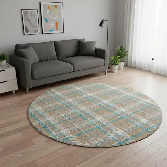8' X 8' Taupe Ivory And Teal Plaid Washable Round Rug With UV Protection Photo 2