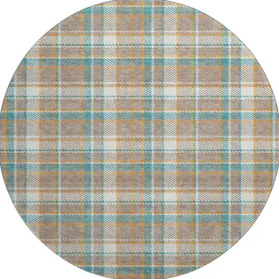 8' X 8' Taupe Ivory And Teal Plaid Washable Round Rug With UV Protection Photo 2
