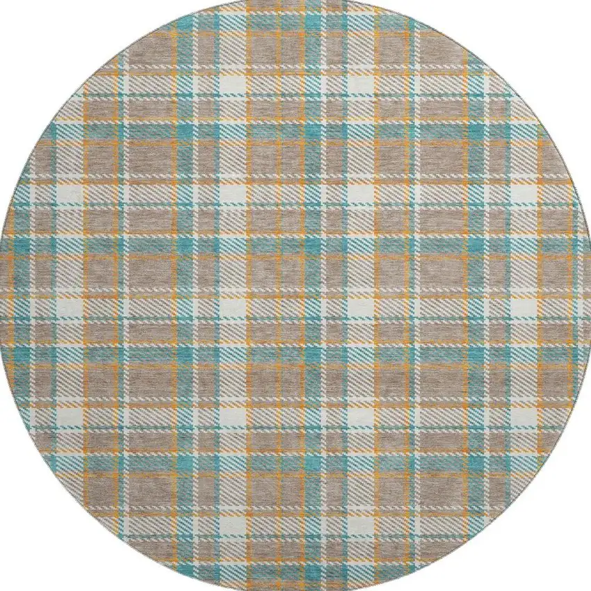 8' X 8' Taupe Ivory And Teal Plaid Washable Round Rug With UV Protection Photo 2