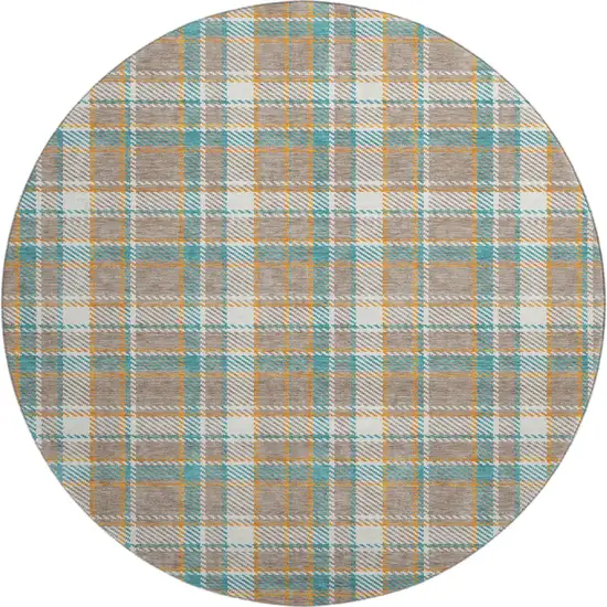 8' X 8' Taupe Ivory And Teal Plaid Washable Round Rug With UV Protection Photo 1