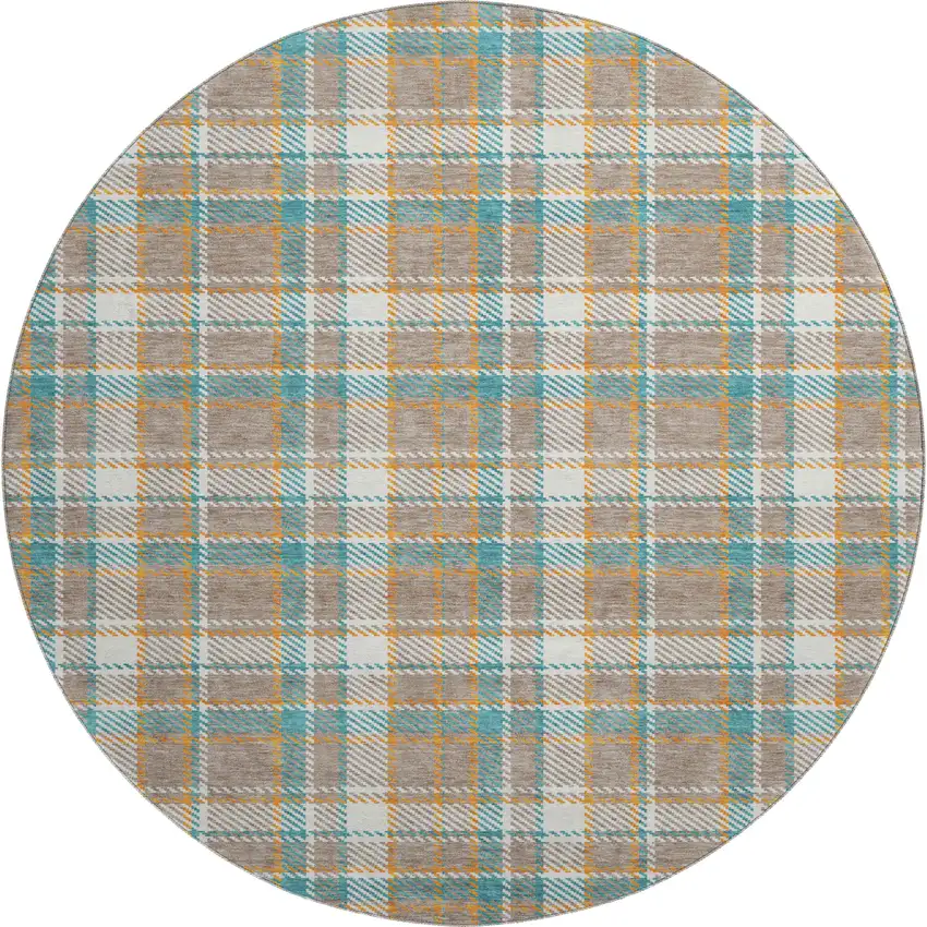 8' X 8' Taupe Ivory And Teal Plaid Washable Round Rug With UV Protection Photo 1